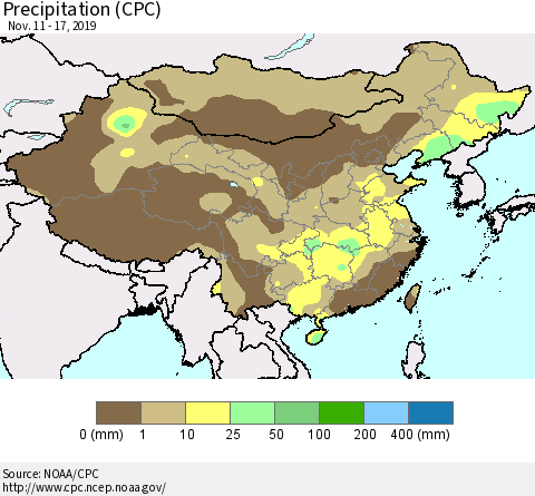 China, Mongolia and Taiwan Precipitation (CPC) Thematic Map For 11/11/2019 - 11/17/2019