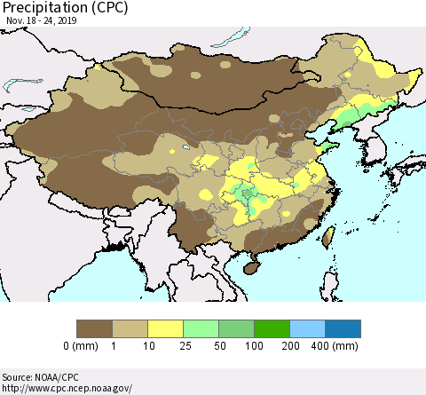 China, Mongolia and Taiwan Precipitation (CPC) Thematic Map For 11/18/2019 - 11/24/2019