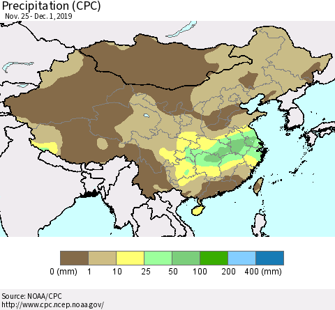 China, Mongolia and Taiwan Precipitation (CPC) Thematic Map For 11/25/2019 - 12/1/2019