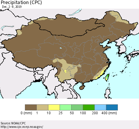 China, Mongolia and Taiwan Precipitation (CPC) Thematic Map For 12/2/2019 - 12/8/2019