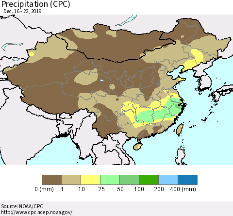China, Mongolia and Taiwan Precipitation (CPC) Thematic Map For 12/16/2019 - 12/22/2019