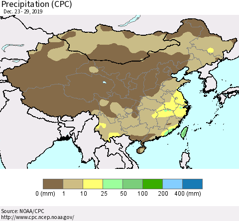 China, Mongolia and Taiwan Precipitation (CPC) Thematic Map For 12/23/2019 - 12/29/2019
