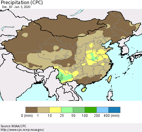 China, Mongolia and Taiwan Precipitation (CPC) Thematic Map For 12/30/2019 - 1/5/2020