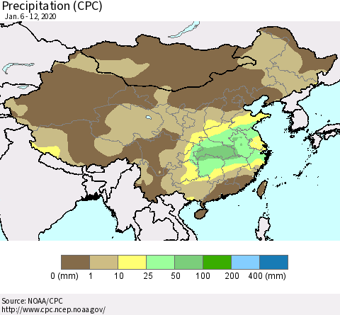 China, Mongolia and Taiwan Precipitation (CPC) Thematic Map For 1/6/2020 - 1/12/2020