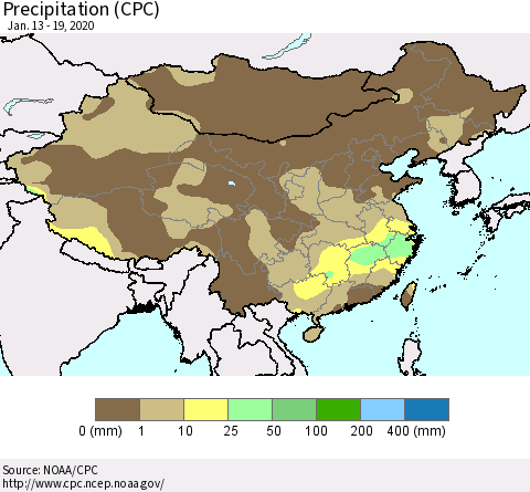 China, Mongolia and Taiwan Precipitation (CPC) Thematic Map For 1/13/2020 - 1/19/2020