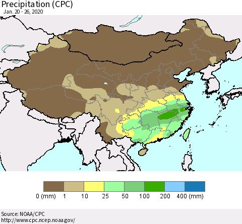 China, Mongolia and Taiwan Precipitation (CPC) Thematic Map For 1/20/2020 - 1/26/2020