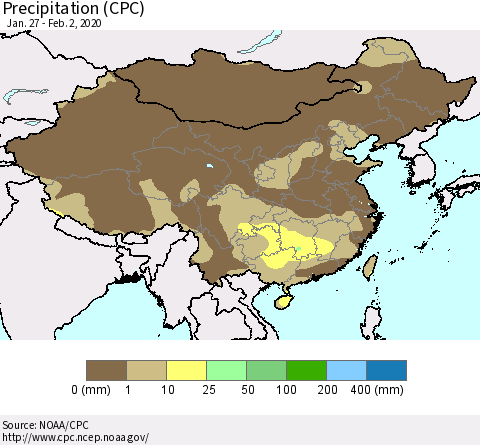 China, Mongolia and Taiwan Precipitation (CPC) Thematic Map For 1/27/2020 - 2/2/2020
