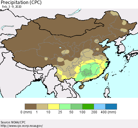 China, Mongolia and Taiwan Precipitation (CPC) Thematic Map For 2/3/2020 - 2/9/2020