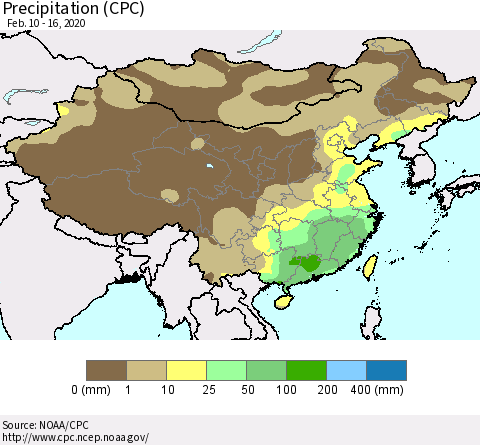China, Mongolia and Taiwan Precipitation (CPC) Thematic Map For 2/10/2020 - 2/16/2020