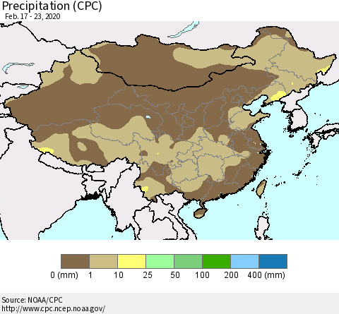 China, Mongolia and Taiwan Precipitation (CPC) Thematic Map For 2/17/2020 - 2/23/2020
