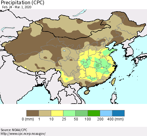 China, Mongolia and Taiwan Precipitation (CPC) Thematic Map For 2/24/2020 - 3/1/2020