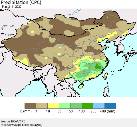 China, Mongolia and Taiwan Precipitation (CPC) Thematic Map For 3/2/2020 - 3/8/2020