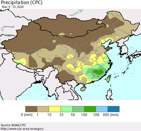 China, Mongolia and Taiwan Precipitation (CPC) Thematic Map For 3/9/2020 - 3/15/2020