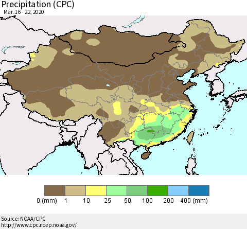 China, Mongolia and Taiwan Precipitation (CPC) Thematic Map For 3/16/2020 - 3/22/2020