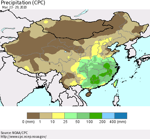 China, Mongolia and Taiwan Precipitation (CPC) Thematic Map For 3/23/2020 - 3/29/2020
