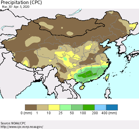 China, Mongolia and Taiwan Precipitation (CPC) Thematic Map For 3/30/2020 - 4/5/2020