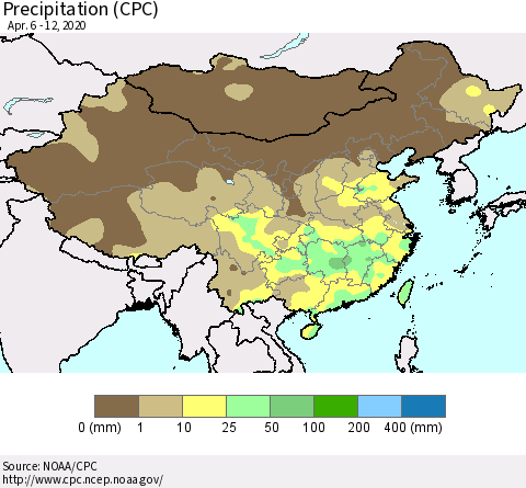 China, Mongolia and Taiwan Precipitation (CPC) Thematic Map For 4/6/2020 - 4/12/2020