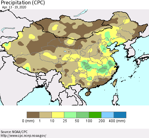 China, Mongolia and Taiwan Precipitation (CPC) Thematic Map For 4/13/2020 - 4/19/2020