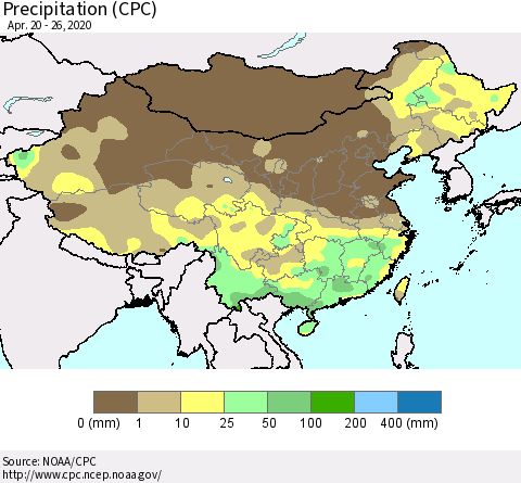 China, Mongolia and Taiwan Precipitation (CPC) Thematic Map For 4/20/2020 - 4/26/2020