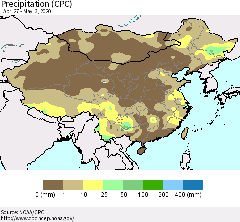 China, Mongolia and Taiwan Precipitation (CPC) Thematic Map For 4/27/2020 - 5/3/2020