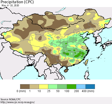 China, Mongolia and Taiwan Precipitation (CPC) Thematic Map For 5/4/2020 - 5/10/2020