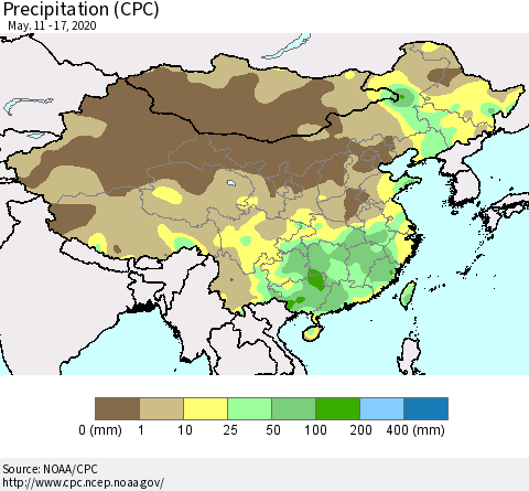 China, Mongolia and Taiwan Precipitation (CPC) Thematic Map For 5/11/2020 - 5/17/2020