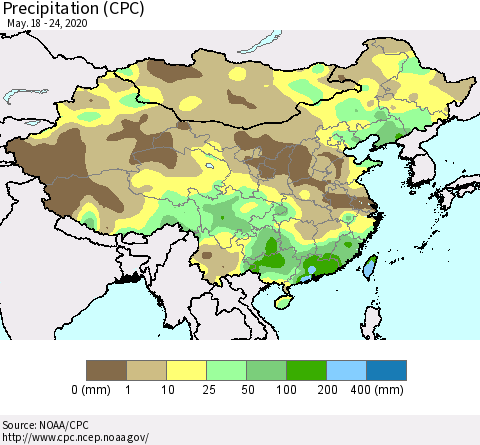 China, Mongolia and Taiwan Precipitation (CPC) Thematic Map For 5/18/2020 - 5/24/2020