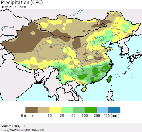 China, Mongolia and Taiwan Precipitation (CPC) Thematic Map For 5/25/2020 - 5/31/2020