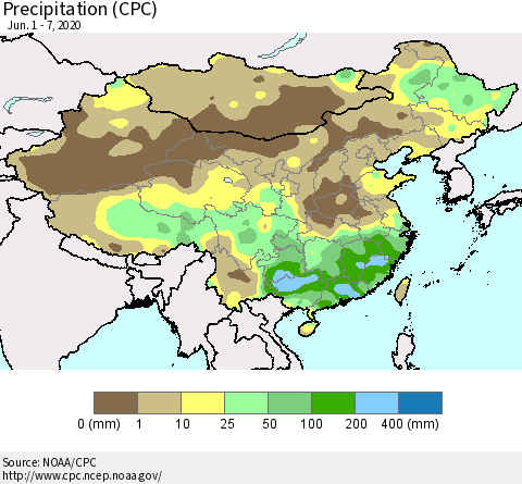 China, Mongolia and Taiwan Precipitation (CPC) Thematic Map For 6/1/2020 - 6/7/2020