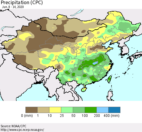 China, Mongolia and Taiwan Precipitation (CPC) Thematic Map For 6/8/2020 - 6/14/2020