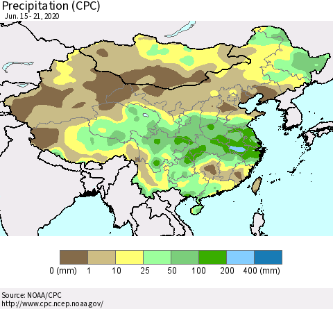 China, Mongolia and Taiwan Precipitation (CPC) Thematic Map For 6/15/2020 - 6/21/2020
