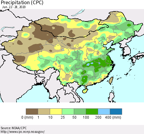 China, Mongolia and Taiwan Precipitation (CPC) Thematic Map For 6/22/2020 - 6/28/2020