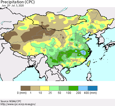 China, Mongolia and Taiwan Precipitation (CPC) Thematic Map For 6/29/2020 - 7/5/2020