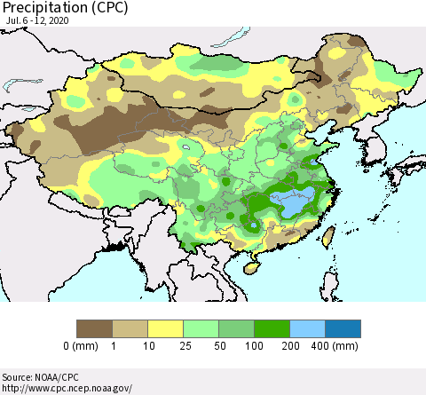 China, Mongolia and Taiwan Precipitation (CPC) Thematic Map For 7/6/2020 - 7/12/2020