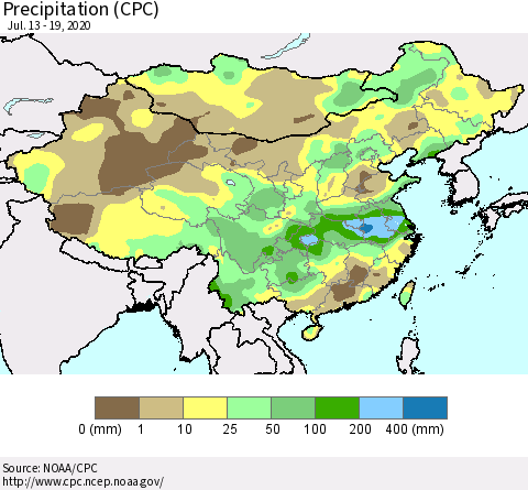 China, Mongolia and Taiwan Precipitation (CPC) Thematic Map For 7/13/2020 - 7/19/2020
