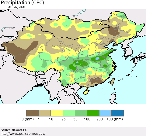 China, Mongolia and Taiwan Precipitation (CPC) Thematic Map For 7/20/2020 - 7/26/2020