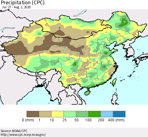 China, Mongolia and Taiwan Precipitation (CPC) Thematic Map For 7/27/2020 - 8/2/2020