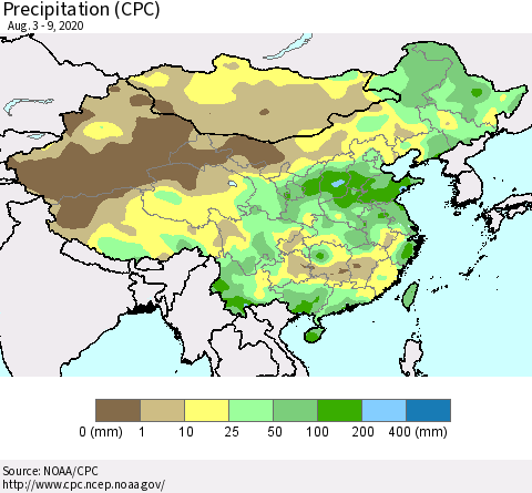 China, Mongolia and Taiwan Precipitation (CPC) Thematic Map For 8/3/2020 - 8/9/2020