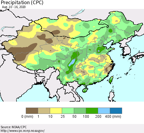 China, Mongolia and Taiwan Precipitation (CPC) Thematic Map For 8/10/2020 - 8/16/2020