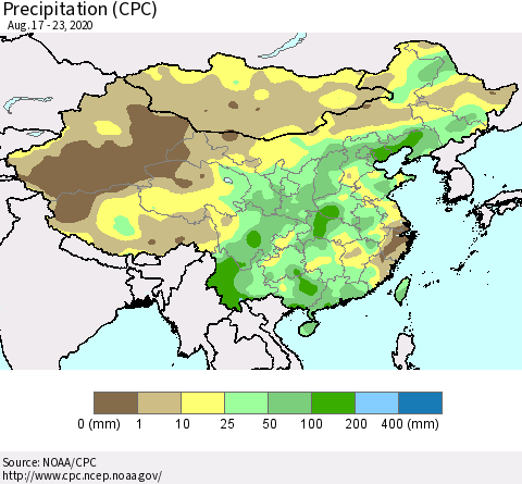 China, Mongolia and Taiwan Precipitation (CPC) Thematic Map For 8/17/2020 - 8/23/2020