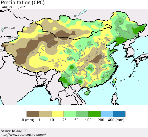 China, Mongolia and Taiwan Precipitation (CPC) Thematic Map For 8/24/2020 - 8/30/2020