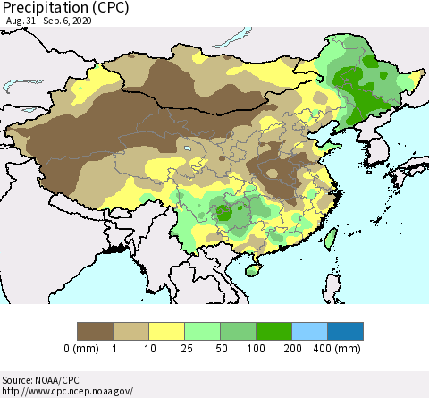 China, Mongolia and Taiwan Precipitation (CPC) Thematic Map For 8/31/2020 - 9/6/2020
