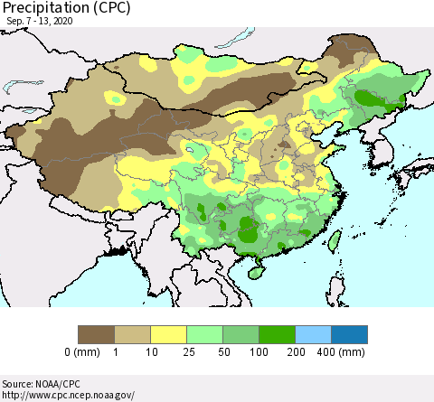 China and Taiwan Precipitation (CPC) Thematic Map For 9/7/2020 - 9/13/2020