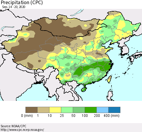 China and Taiwan Precipitation (CPC) Thematic Map For 9/14/2020 - 9/20/2020