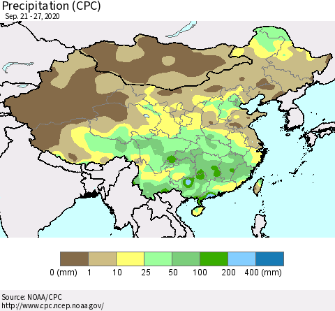 China, Mongolia and Taiwan Precipitation (CPC) Thematic Map For 9/21/2020 - 9/27/2020