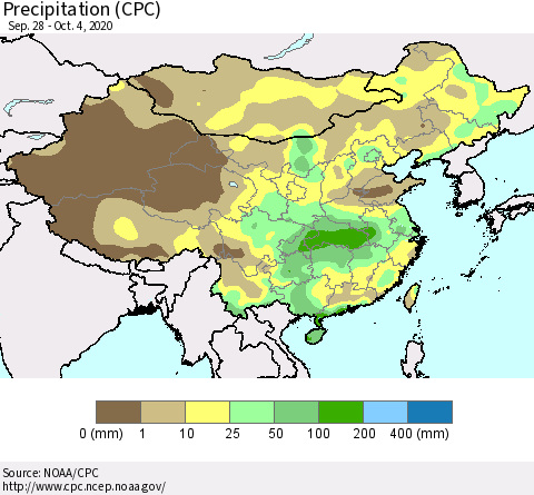 China, Mongolia and Taiwan Precipitation (CPC) Thematic Map For 9/28/2020 - 10/4/2020