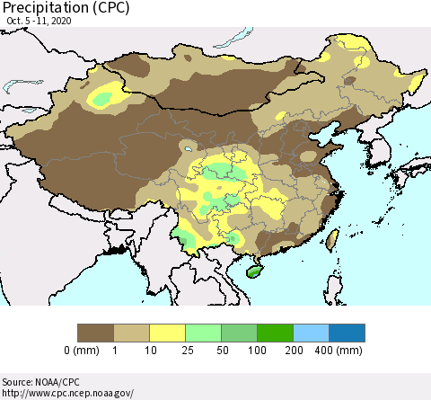 China and Taiwan Precipitation (CPC) Thematic Map For 10/5/2020 - 10/11/2020
