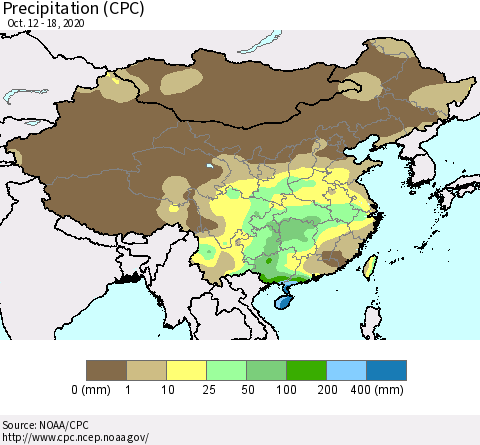 China, Mongolia and Taiwan Precipitation (CPC) Thematic Map For 10/12/2020 - 10/18/2020