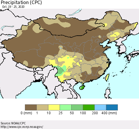 China, Mongolia and Taiwan Precipitation (CPC) Thematic Map For 10/19/2020 - 10/25/2020