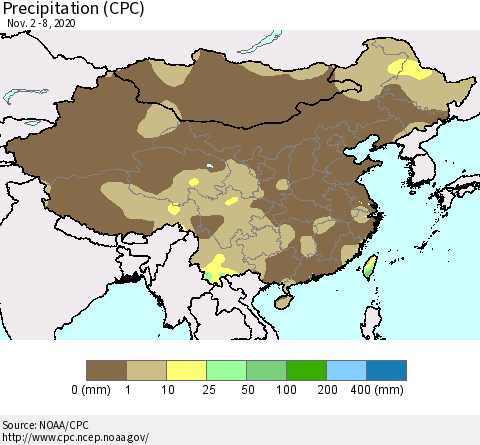 China and Taiwan Precipitation (CPC) Thematic Map For 11/2/2020 - 11/8/2020